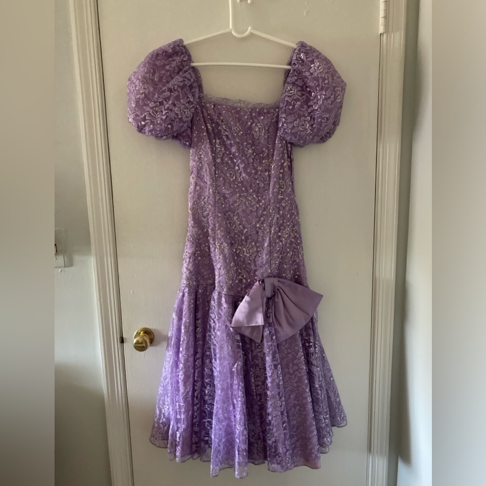COPY - Purple 1980s prom dress floral silver lace detail puffy sleeves and big …